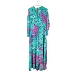 Vintage 70s Keyloun Maxi Dress Green Purple Printed V-neck Long Sleeve Size 12